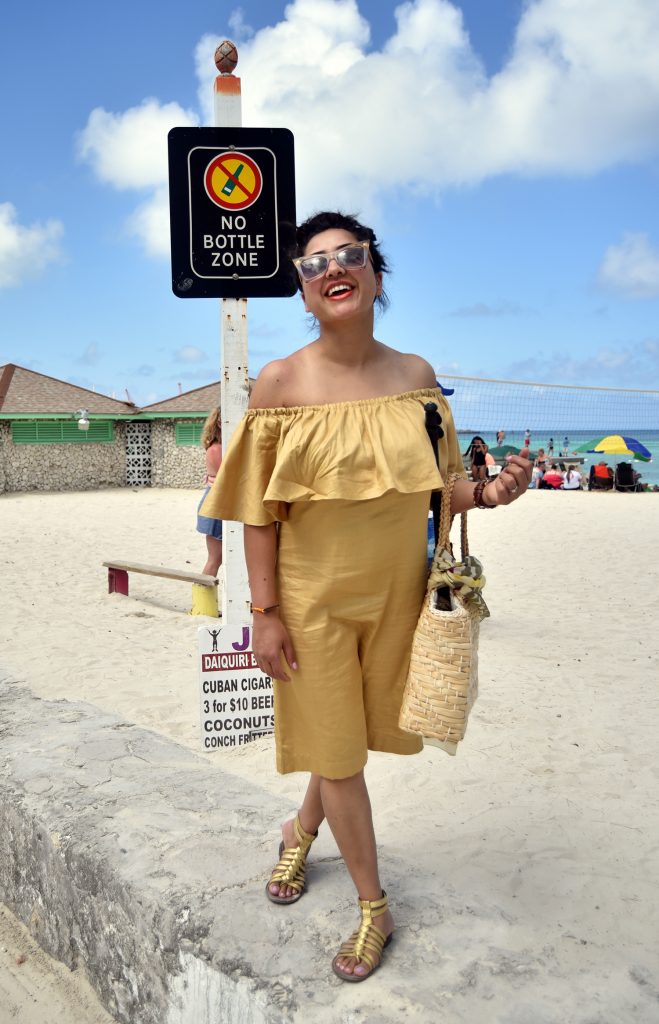 Nude Off-shoulder Dress (Location: Bahamas)
